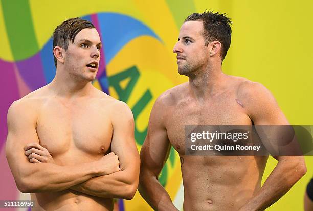 Kyle Chalmers and James Magnussen of Australia catch their breath after competing in the 4 x 100 metre Freestyle Relay during the 2016 Australian...