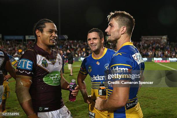 Kieran Foran of the Eels talks to former team mate Steve Matai of the Sea Eagles following the round seven NRL match between the Manly Sea Eagles and...