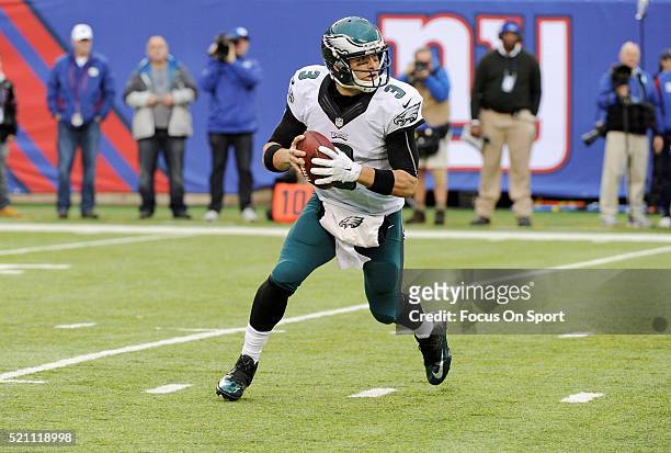 Mark Sanchez of the Philadelphia Eagles looks to pass against the New York Giants during an NFL football game at MetLife Stadium on December 28, 2014...