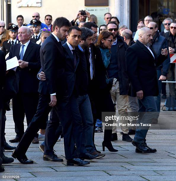 Alessandro Di Battista, Luigi Di Maio,Roberto Fico,Carla Ruocco and Vito Crimi arrive at the church of Santa Maria delle Grazie attend the coffin of...