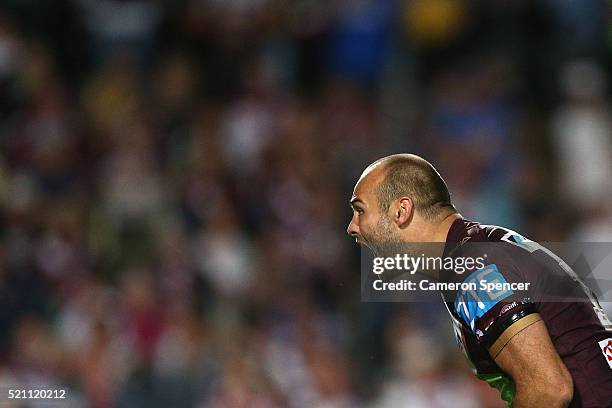 Brett Stewart of the Sea Eagles shows his emotions during the round seven NRL match between the Manly Sea Eagles and Parramatta Eels at Brookvale...