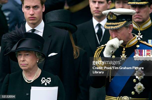 The Royal Family Gather At Westminster Abbey For The Funeral Of The Queen Mother Who Had Lived To The Age Of 101. Queen Elizabeth II Stands With Her...