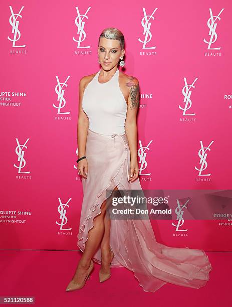 Krystie Stieve arrives ahead of a YSL beauty launch at Sydney Town Hall on April 14, 2016 in Sydney, Australia.