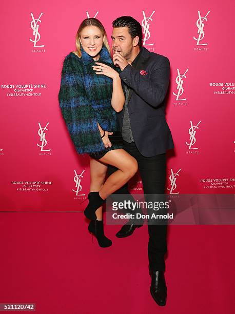 Kirby Burgess and Ben Mingay arrive ahead of a YSL beauty launch at Sydney Town Hall on April 14, 2016 in Sydney, Australia.