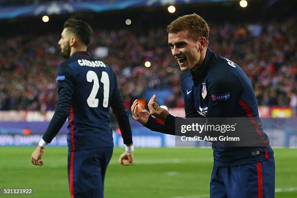 Antoine Griezmann of Atletico celebrates his team's first goal during the UEFA Champions league Quarter Final Second Leg match between Club Atletico...