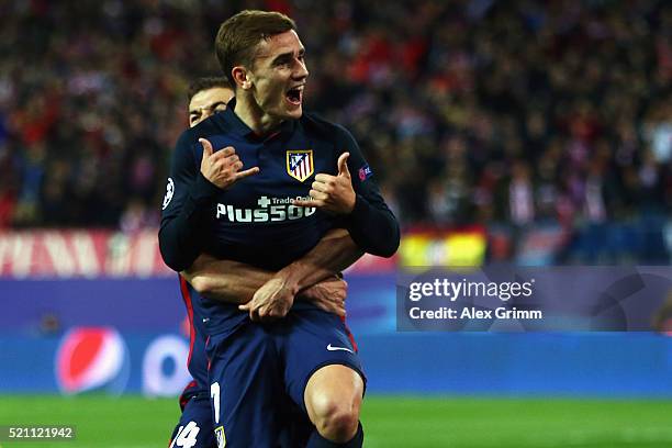 Antoine Griezmann of Atletico celebrates his team's first goal with team mate Gabi during the UEFA Champions league Quarter Final Second Leg match...