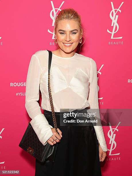 Carissa Walford arrives ahead of a YSL beauty launch at Sydney Town Hall on April 14, 2016 in Sydney, Australia.