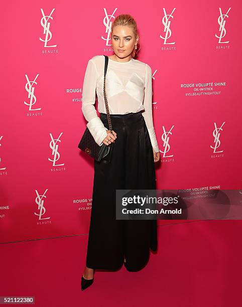 Carissa Walford arrives ahead of a YSL beauty launch at Sydney Town Hall on April 14, 2016 in Sydney, Australia.