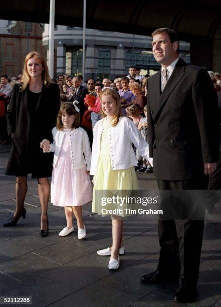 The Duke And Duchess Of York With Princesses Eugenie And Beatrice Arrive At London's Apollo Theatre To See Dr.dolittle