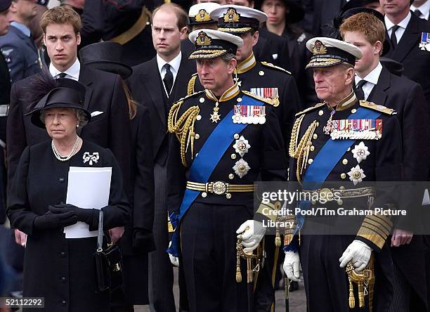 The Royal Family Gather At Westminster Abbey For The Funeral Of The Queen Mother Who Had Lived To The Age Of 101. Queen Elizabeth Ll, Prince Charles...