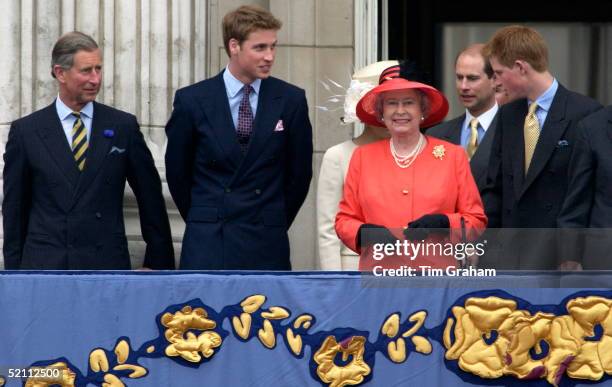 Queen Elizabeth II On The Balcony Of Buckingham Palace With Prince Charles, Prince William And Prince Harry At The End Of A Hectic Golden Jubilee Day.