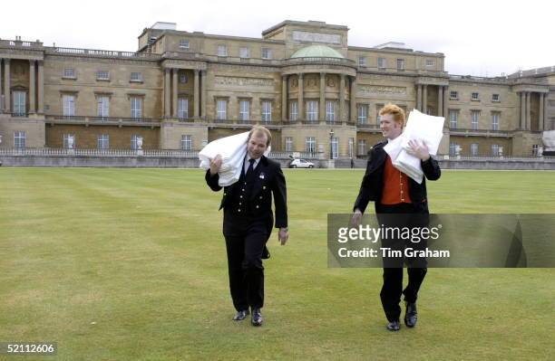 Steve Marshall Assistant Yeoman [left] And Richard Buchanan Under Butler In The Glass Pantry Carrying Table Cloths Out To The Royal Tea Tent In The...
