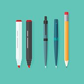 Pens, pencil, markers vector set isolated on green background