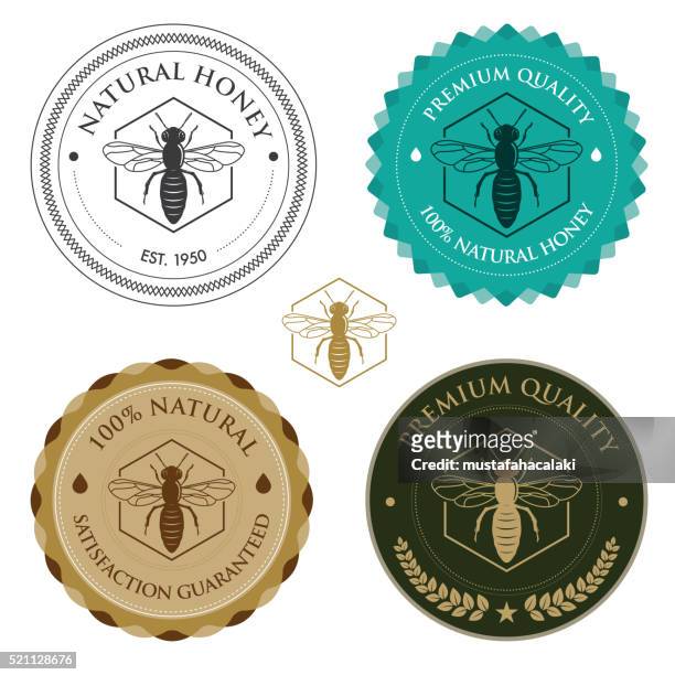 stockillustraties, clipart, cartoons en iconen met honey bee badges - honey bee
