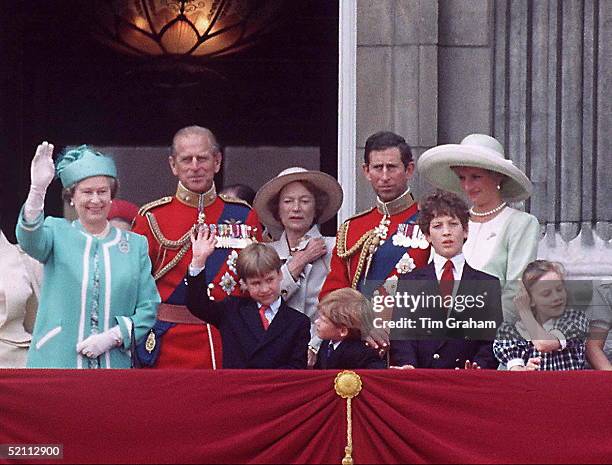 Queen With Prince William, Prince Henry, Lady Rose Windsor, Lord Frederick Windsor And The Prince & Princess Of Wales At Trooping. Behind Is Grand...