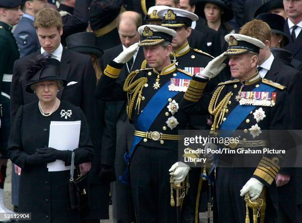 The Royal Family Gather At Westminster Abbey For The Funeral Of The Queen Mother Who Had Lived To The Age Of 101. The Queen With Sad Expression As...