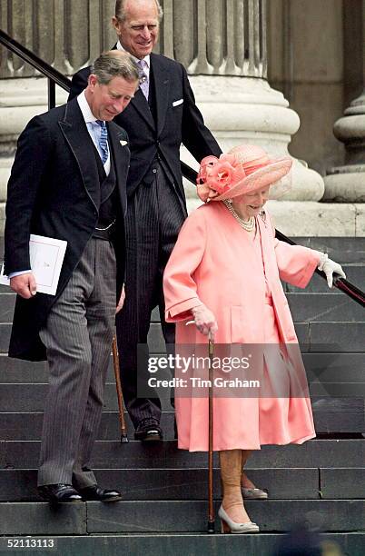 The Queen Mother Making Her Way Down The Stairs Outside St Paul's Cathedral After Attending A Special Service To Celebrate Her 100th Birthday. Prince...