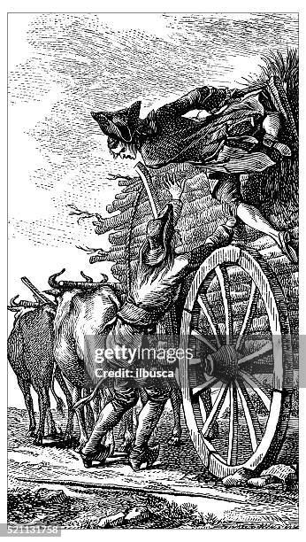 bildbanksillustrationer, clip art samt tecknat material och ikoner med antique illustration of side view of loaded bullock cart - domestic animals stock illustrations