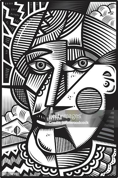 mono cubist head illustration - linocut stock illustrations