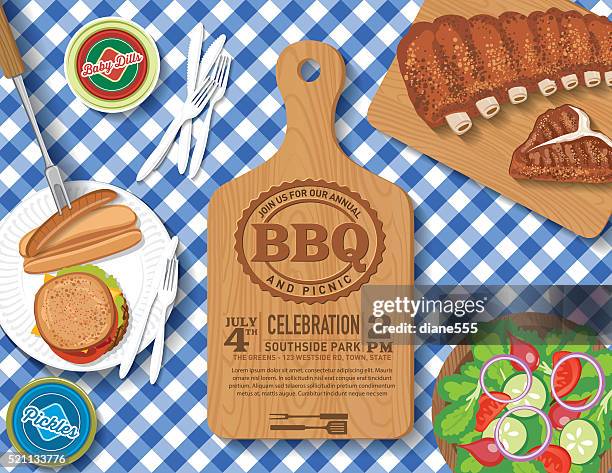 ilustrações, clipart, desenhos animados e ícones de toalha de mesa quadriculada com piquenique flatlay modelo de convite - tábua de carne