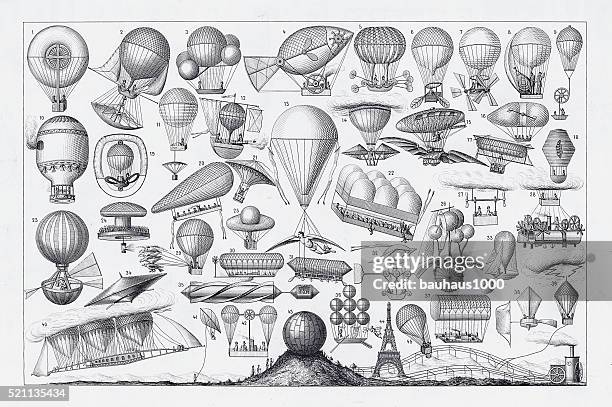 stockillustraties, clipart, cartoons en iconen met balloons, airships and flying machines engraving from 18th century france - perpetuum mobile beweging