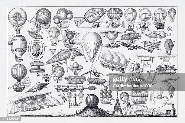 balloons, airships and flying machines engraving from 18th century france - hot air balloon stock illustrations