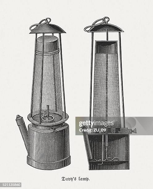 davy lamp, wood engravings, published in 1880 - miner's lamp stock illustrations