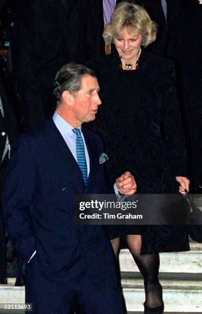 Prince Charles With Camilla Parker-bowles Walking Down The Stairs As They Leave The Ritz Hotel In London After A Birthday Party For Her Sister,...