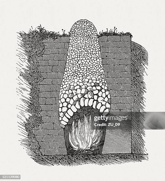 lime kiln during firing, wood engraving, published in 1880 - lime kilns stock illustrations