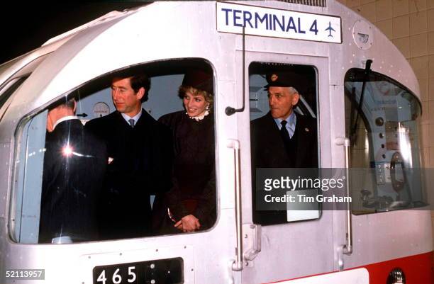 Prince Charles And Princess Diana Arriving By Underground Tube Train At Heathrow Terminal 4 To Perform The Opening Ceremony On 1st April 1986. They...