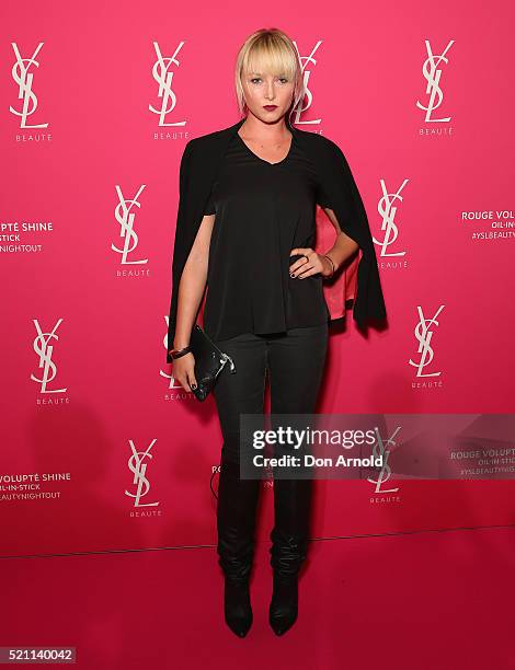 Amy Finlayson arrives ahead of a YSL beauty launch at Sydney Town Hall on April 14, 2016 in Sydney, Australia.