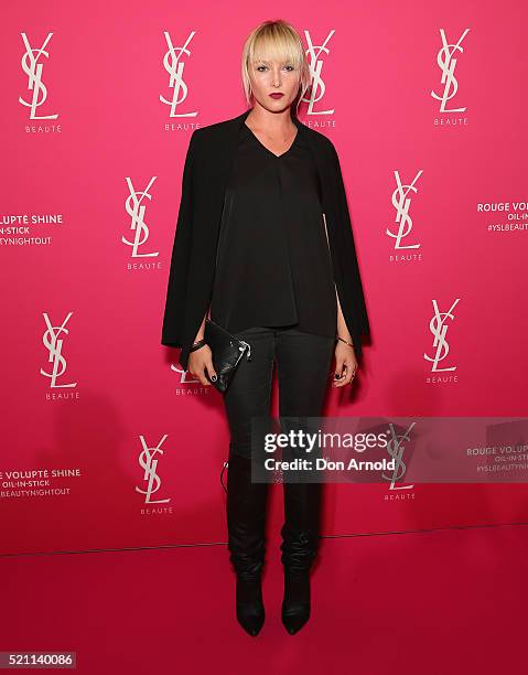 Amy Finlayson arrives ahead of a YSL beauty launch at Sydney Town Hall on April 14, 2016 in Sydney, Australia.