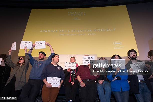 Show Business Workers protest before the Official Selection Presentation at Cinema UGC Normandie on April 14, 2016 in Paris, France.