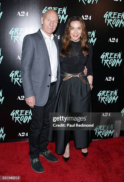 Actor Patrick Stewart and his wife, singer/songwriter Sunny Ozell attend the Premiere of A24's "Green Room" at ArcLight Hollywood on April 13, 2016...