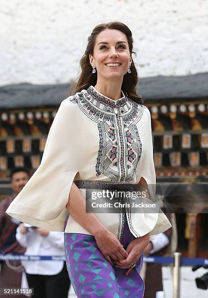 Prince William, Duke of Cambridge and Catherine, Duchess of watch a Bhutanese archery demonstration on the first day of a two day visit to Bhutan on...