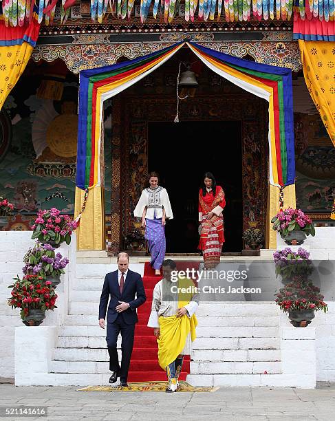 Prince William, Duke of Cambridge walks with His Majesty King Jigme Khesar Namgyel Wangchuck follwed by Catherine, Duchess of Cambridge and Her...