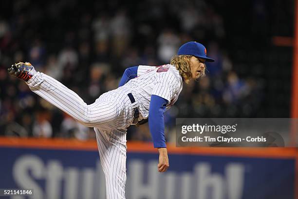 Pitcher Noah Syndergaard, New York Mets, pitching during the Miami Marlins Vs New York Mets MLB regular season ball game at Citi Field on April 12,...