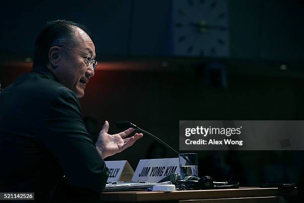 World Bank President Jim Young Kim speaks during a news conference April 14, 2016 in Washington, DC. The International Monetary Fund and the World...