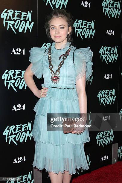 Actress Imogen Poots attends the Premiere of A24's "Green Room" at ArcLight Hollywood on April 13, 2016 in Hollywood, California.