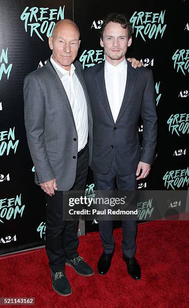 Actors Patrick Stewart and Anton Yelchin attend the Premiere of A24's "Green Room" at ArcLight Hollywood on April 13, 2016 in Hollywood, California.