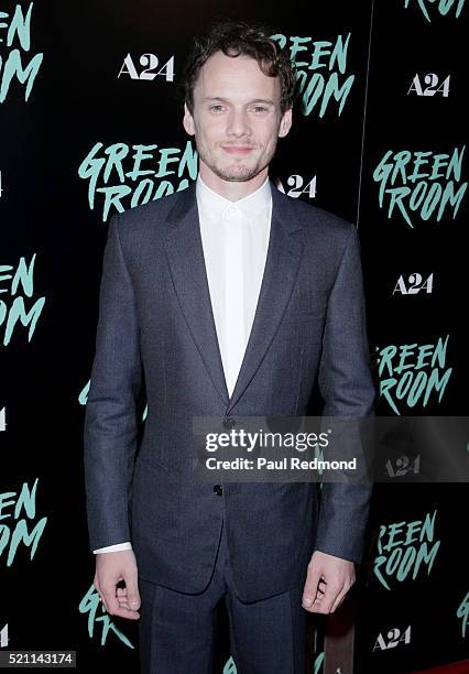 Actor Anton Yelchin attends the Premiere of A24's "Green Room" at ArcLight Hollywood on April 13, 2016 in Hollywood, California.