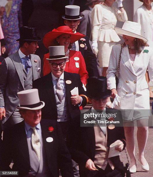 Prince Charles With [ In Red ] Zara Ernle-erle-drax And [ In White ] Tiggy Legge-bourke At Ascot Racesin Berkshire.