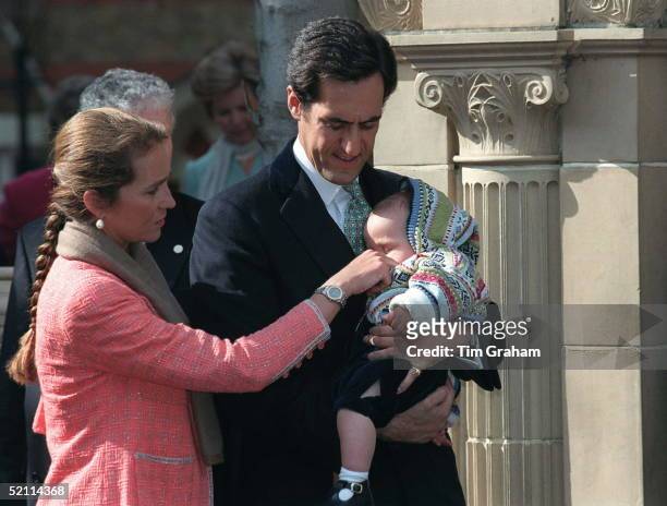 Infanta Princess Elena Of Spain With Her Husband Jaime De Marichalar And Baby Son Felipe Juan Froilan At The Greek Cathedral In London For The...