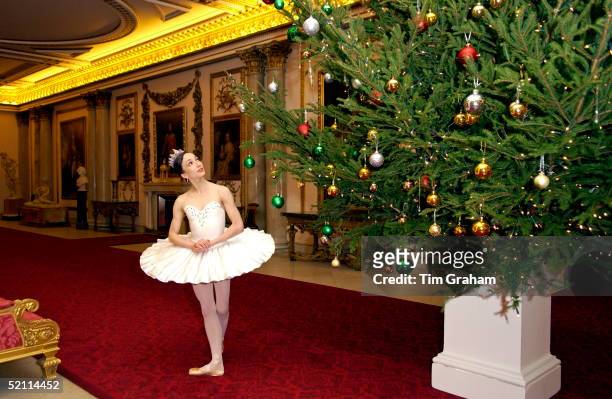Dancer From The English National Ballet, Dressed In Costume, Stands Infront Of A Christmas Tree At Buckingham Palace Whilst Attending A Christmas Tea