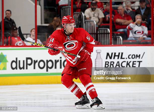 Brett Pesce of the Carolina Hurricanes skates for position on the ice during an NHL game against the Montreal Canadiens at PNC Arena on April 7, 2016...