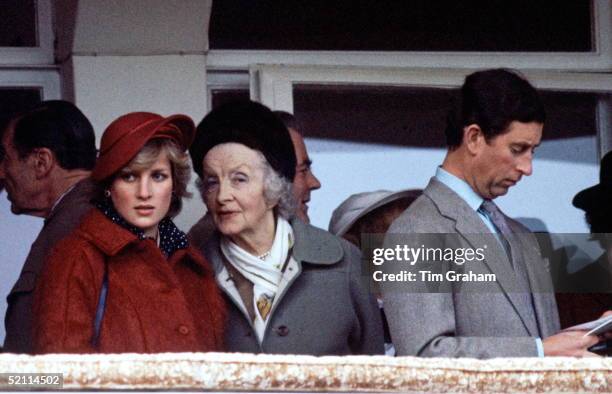 Diana, Princess Of Wales, Talking To Her Grandmother, Ruth, Lady Fermoy During The National Hunt Festival At Cheltenham. Prince Charles Is Beside...