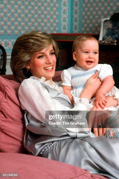 Princess Diana Holding Her Baby Son, Prince William, At Kensington Palace.