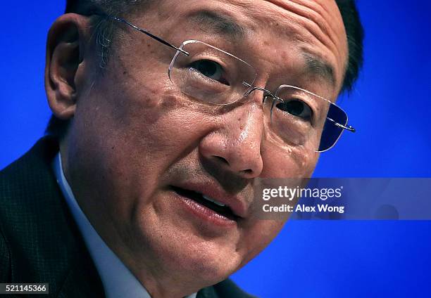 World Bank President Jim Young Kim speaks during a news conference April 14, 2016 in Washington, DC. The International Monetary Fund and the World...