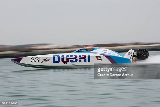 Boat Number 33, team Dubai 33, with drivers Salem al Adidi and Eisa al Ali at the Dubai Grand Prix - the Second round of the UIM World Series where...