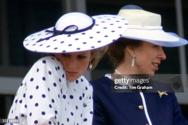 Diana, Princess Of Wales And Princess Anne On Derby Day. Princess Diana Is Wearing A Polka Dot Day Dress Designed By Fashion Designer Victor...